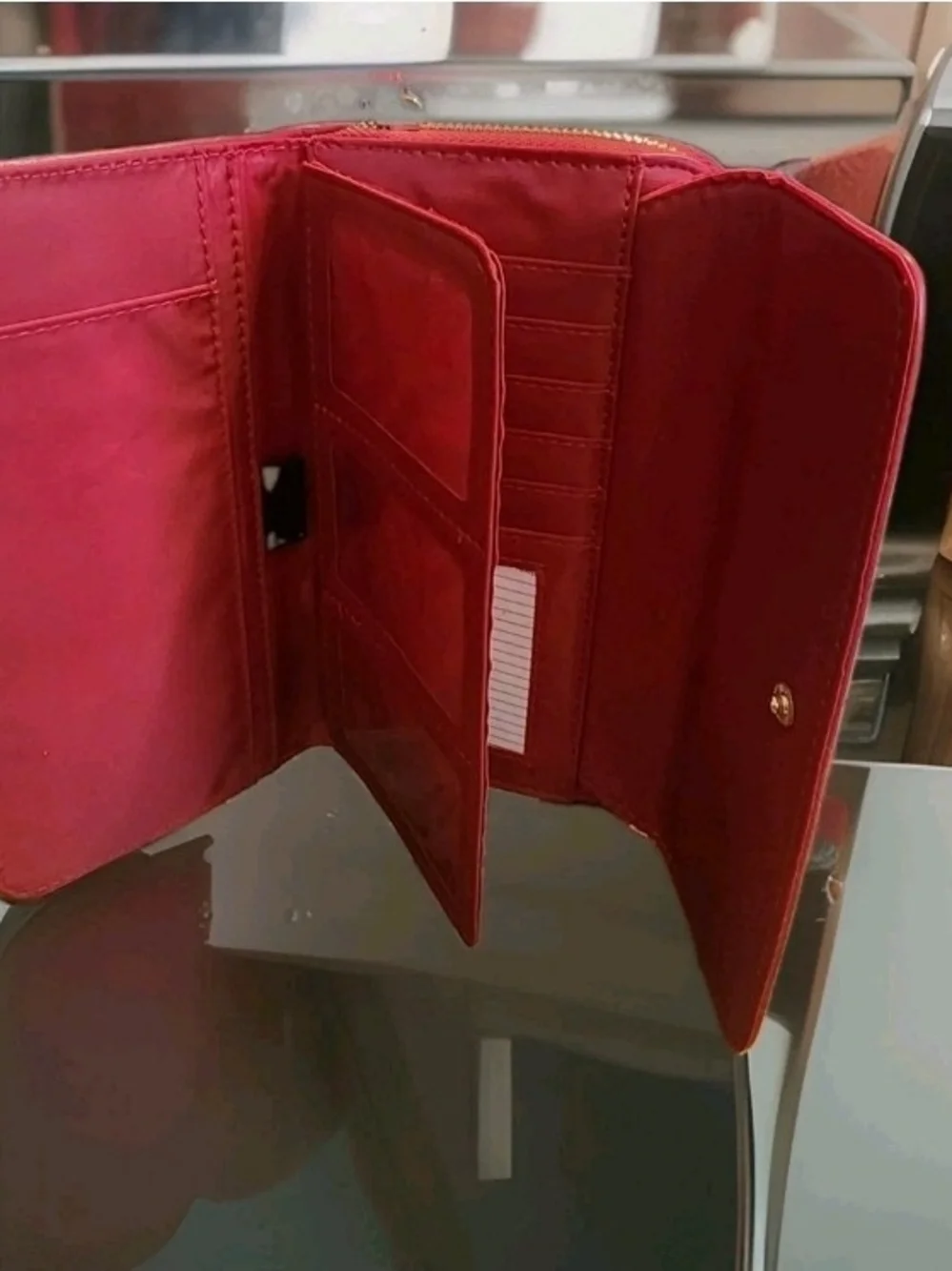 Red Solid Zip-Around Women's Wallet French Fries Patch, Embroidered, Credit Card